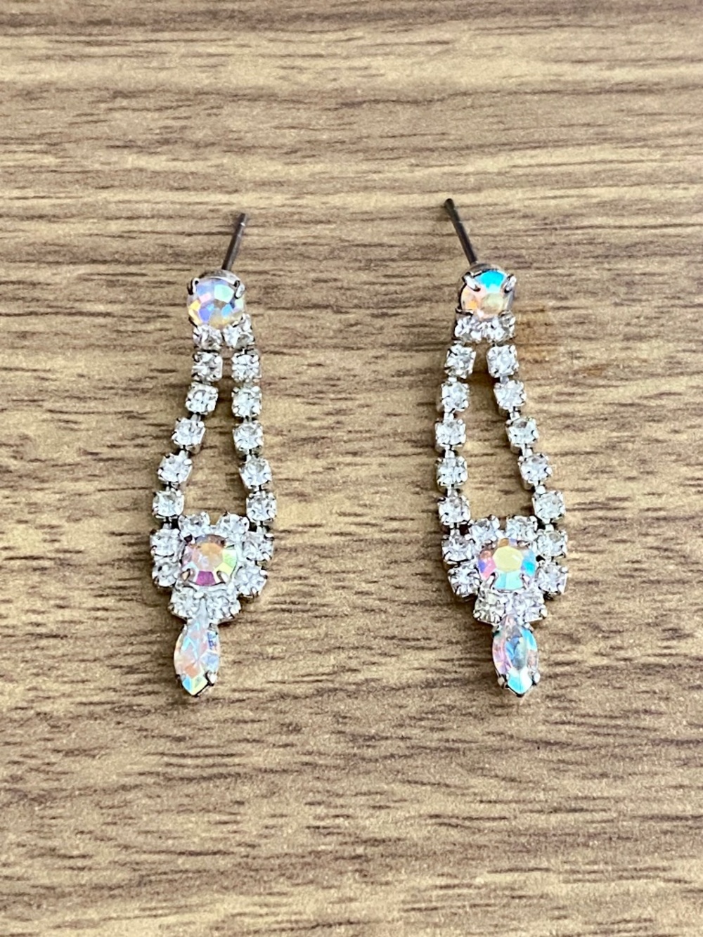 Vintage AB Rhinestone Chandelier Earrings Silver Tone Bridal Glamour Dangle